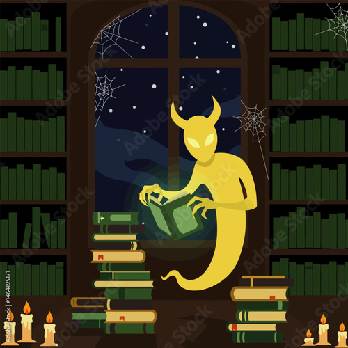 Glowing Ghost Reading Book in Library at Night with Candles