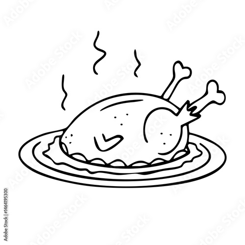 Roasted chicken doodle, served dish drawing and decorative design element for restaurant menus, advertises, websites. Vector illustration.