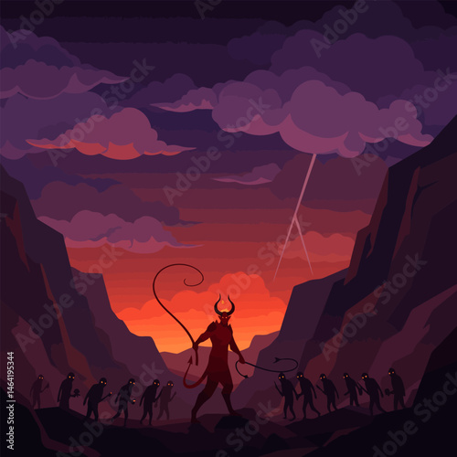 Standing Horned Figure Holding Whip with Figures in Mountain Valley