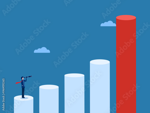 Businessman holding telescope looking at growth on bar chart