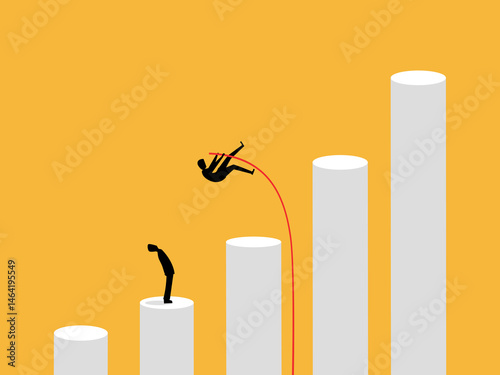 Businessman jumps with stick to gain advantage over competitors on growth bar graph