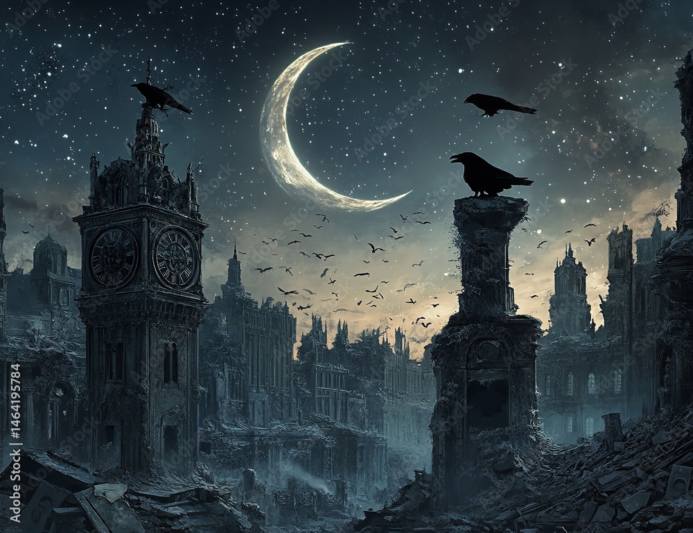 Ruined Cityscape Crescent Moon Ravens Dark Fantasy Art