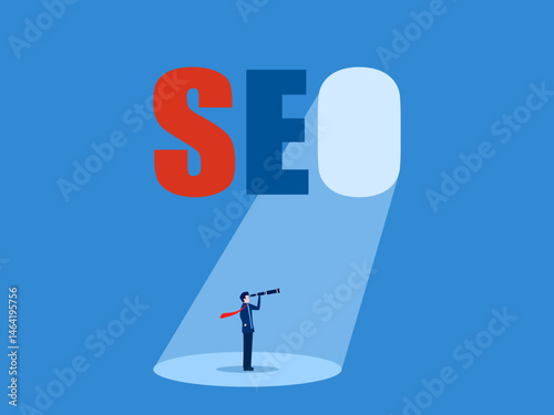 SEO, a business person with a web assistant or search technology