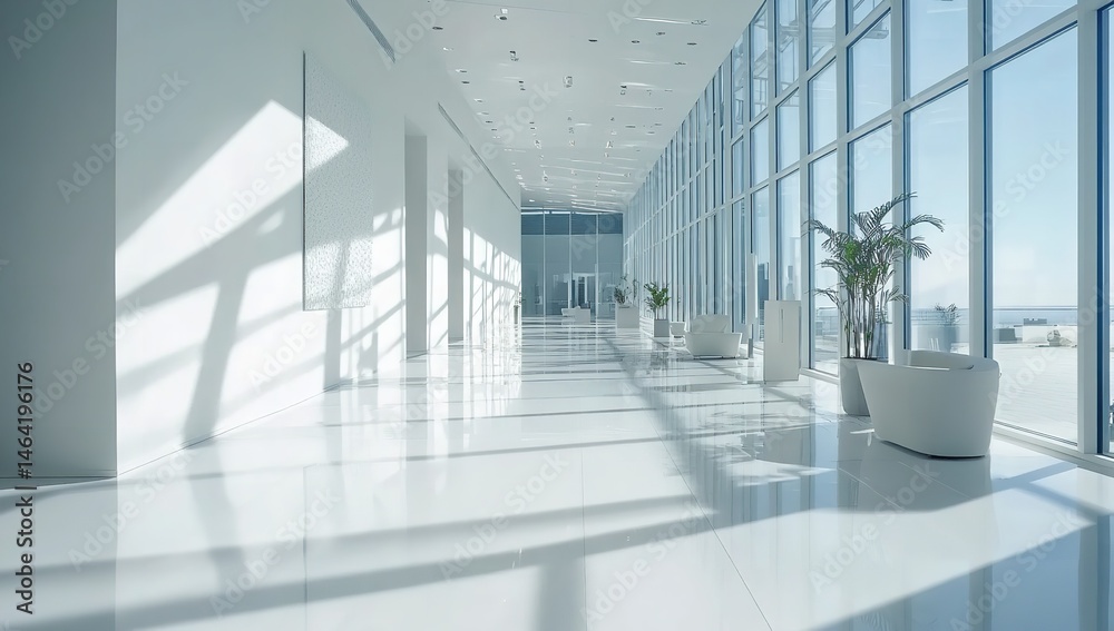 Modern Office Hallway Sunlight Minimalist Design White Interior Architecture