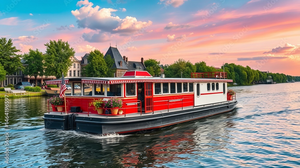 Fototapeta premium A red and white houseboat cruises serenely along a picturesque river at sunset past charming waterfront buildings.