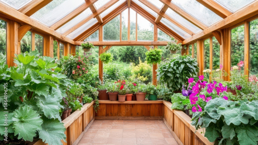 Greenhouse Haven: Inside a charming wooden greenhouse, an array of vibrant plants and flowers flourish, showcasing a scene of horticultural beauty and tranquil growth.