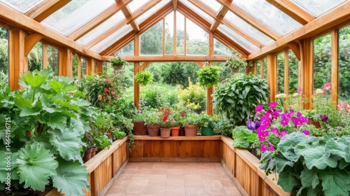 Obraz na płótnie Greenhouse Haven: Inside a charming wooden greenhouse, an array of vibrant plants and flowers flourish, showcasing a scene of horticultural beauty and tranquil growth. w salonie