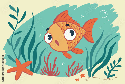 11 Underwater scene, cartoon goldfish, orange scales, big eye, red starfish, sea plants, aqua background, bubbles, sandy bottom, watercolor texture, children's book illustration style, vibrant colors,
