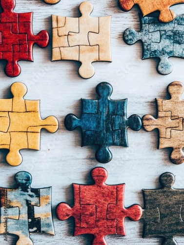 Colorful jigsaw puzzle pieces arranged on a light-colored wooden surface