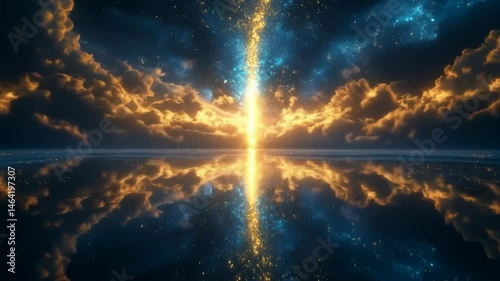 Glowing Horizon with Reflecting Clouds and Light Ray in the Night Sky
