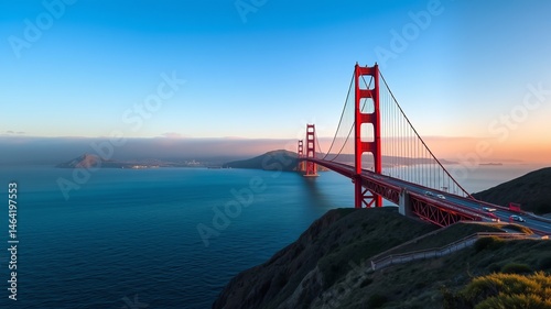 A majestic panoramic view of the iconic Golden Gate Bridge at sunrise over the tranquil San Francisco Bay.
