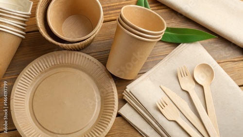 Eco-friendly disposable plates, cups, and cutlery made from biodegradable materials arranged neatly on a wooden surface.