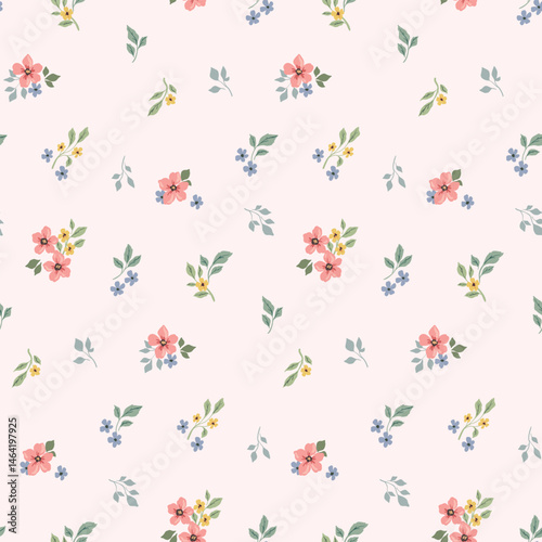 Seamless floral pattern, liberty ditsy print of tiny pretty flowers. Romantic botanical design of small hand drawn flowers, leaves, simple mini bouquets in abstract composition. Vector illustration.