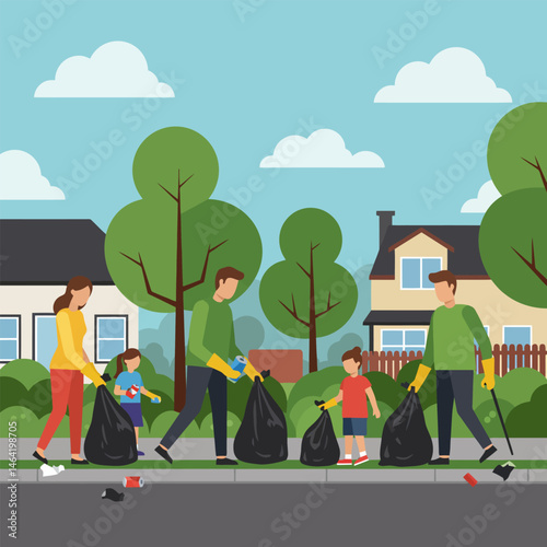 Family Picking Up Litter on Street Cleanup Volunteers in Neighborhood