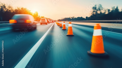 Cars drive on a highway past orange traffic cones during sunset, indicating roadwork or a construction zone.