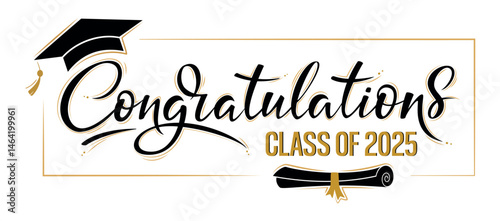 Congratulations Class of 2025 greeting sign. Congrats Graduated. Congratulating banner. Handwritten brush lettering. Isolated vector text for graduation design, poster, invitation, greeting card