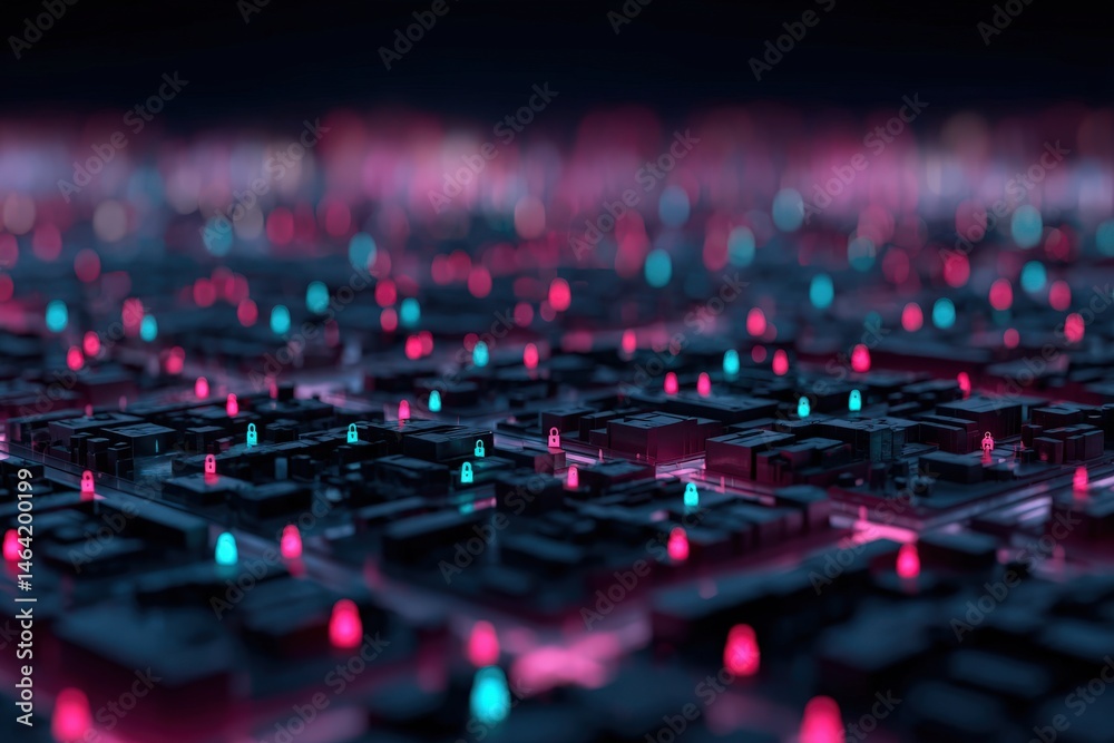 Fototapeta premium Abstract urban landscape with glowing electronic locks and vibrant neon lights creating a digital security concept highlighting the interconnectedness of technology and urban life