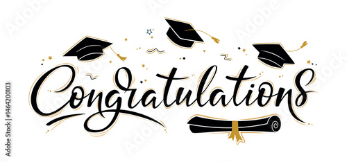 Graduation greeting lettering sign with square academic caps high into the air. Vector design for grad, congratulation ceremony, invitation card, banner. Grads symbol for university, high school