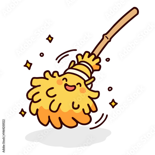 Happy dust sweeping broom character, cute magic floor broomstick besom, doodle cartoon, kawaii isolated simple vector illustration