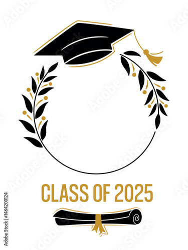 Traditional Graduation Hat and diploma with a laurel wreath. Class of 2025. Congrats Graduates concept. Flat vector illustration for graphic and web design. Place for photo