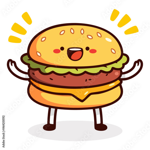 Happy cheerful cute hamburger character, excited burger mascot, doodle cartoon, kawaii isolated vector illustration