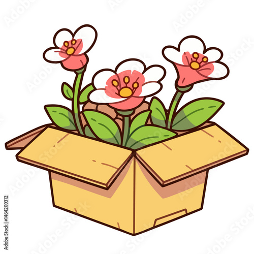 Cardboard box with flowers, online order flowers shipping mail delivery service, doodle isolated cute clean and simple cartoon vector illustration