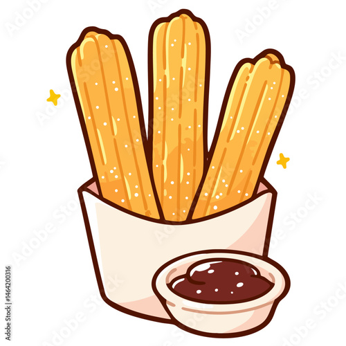 Crispy churro sticks in paper cone bag with bowl of chocolate sauce dip cream, doodle isolated cute clean and simple cartoon vector illustration