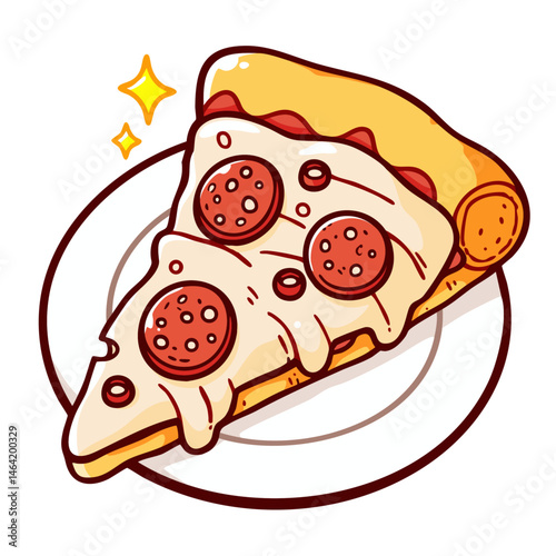 Tasty slice of pepperoni pizza with melting cheese on a plate, doodle isolated cute clean and simple cartoon vector illustration