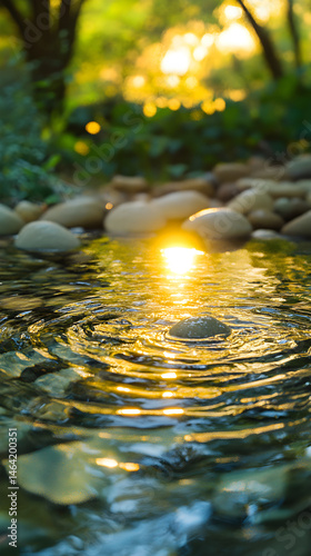 Golden Dawn: A Serene Spring Water Emergence in Nature's Oasis Capturing Tranquility and Renewal