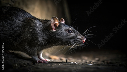 Close up of black rat in dim light, highlighting its whiskers and fur texture, set against historical background. atmosphere is mysterious and intriguing