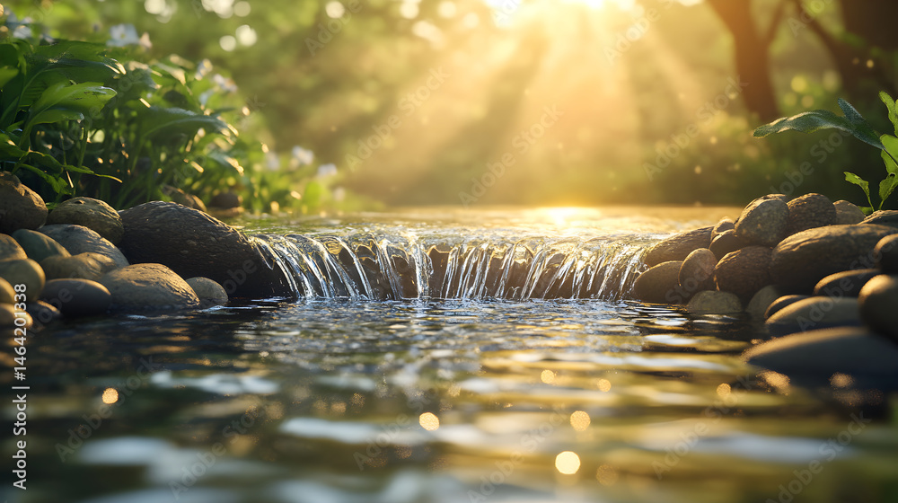 Golden Dawn: A Serene Spring Water Emergence in Nature's Oasis Capturing Tranquility and Renewal