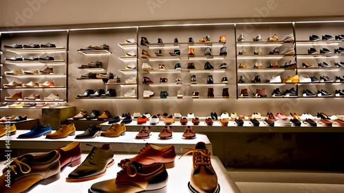 A well-lit shoe store interior with a wide variety of footwear on display. The shelves are stocked with shoes of different styles, colors, and sizes, showcasing a diverse selection for customers.