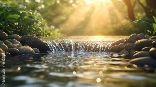 Obraz na płótnie Golden Dawn: A Serene Spring Water Emergence in Nature's Oasis Capturing Tranquility and Renewal w salonie