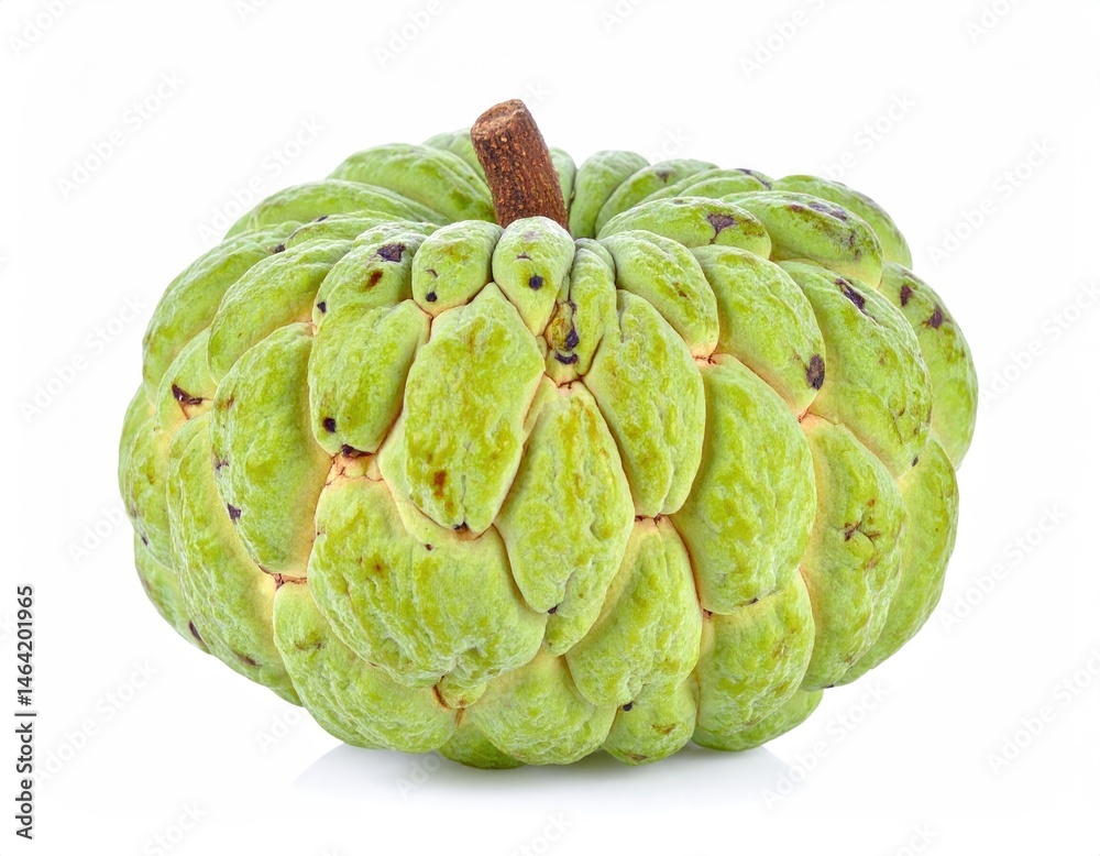 Obraz premium Sugar Apple Close-up: A vibrant, ripe sugar apple, showcasing its unique texture and green hue, sits against a clean backdrop. The image highlights the fruit's natural beauty and deliciousness.