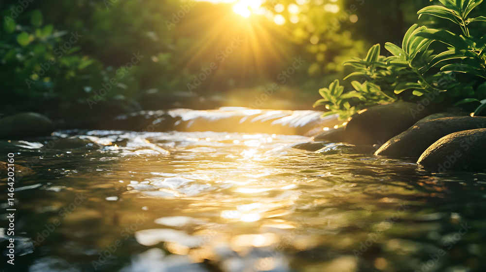 Golden Dawn: A Serene Spring Water Emergence in Nature's Oasis Capturing Tranquility and Renewal