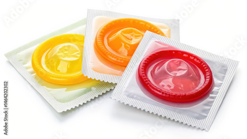 Three colorful condoms in red, yellow, and orange are displayed in their transparent packaging, standing out against white background. image highlights safe sex and contraception