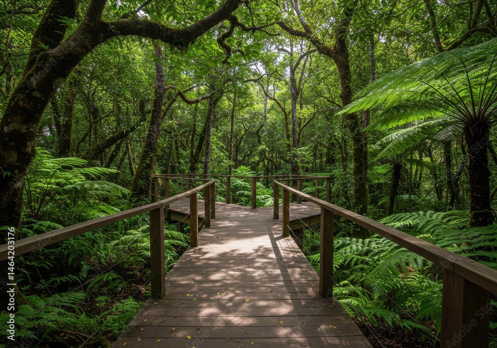 Obraz premium Wooden boardwalk path leading through a dense, lush green subtropical rainforest landscape