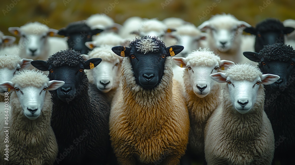 Fototapeta premium Close Up Photo Of A Flock Of Sheep With Black And White Wool