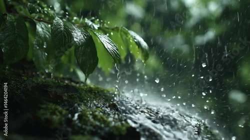 Slow motion rain falling on lush green forest leaves and mossy ground, creating a peaceful and refreshing nature ambiance.

