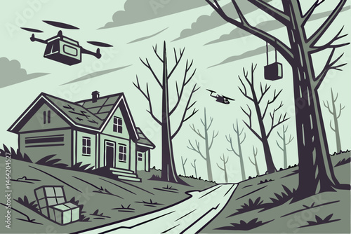 15 Dystopian suburban landscape, delivery drones carrying packages, ominous stormy sky, barren trees, abandoned houses, eerie atmosphere, muted colors, digital illustration style, post-apocalyptic sce