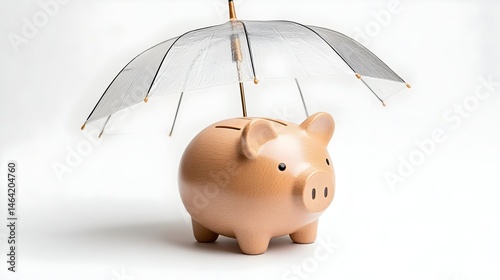 A piggy bank protected by a transparent umbrella, symbolizing financial security and safeguarding savings