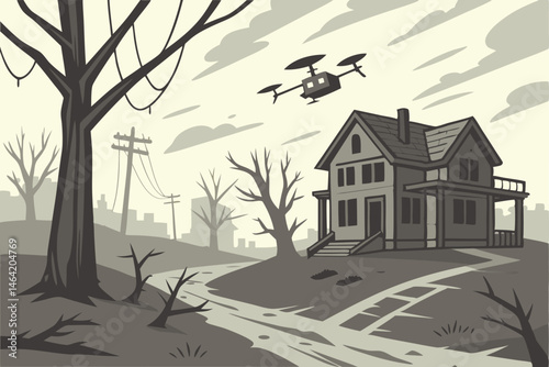 15 Dystopian suburban landscape, delivery drones carrying packages, ominous stormy sky, barren trees, abandoned houses, eerie atmosphere, muted colors, digital illustration style, post-apocalyptic sce