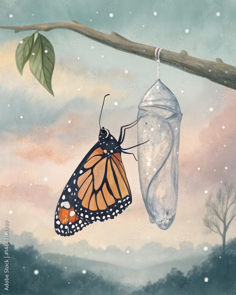 A butterfly emerging from a chrysalis symbolizing transformation and the beauty that can arise from personal struggles and healing.