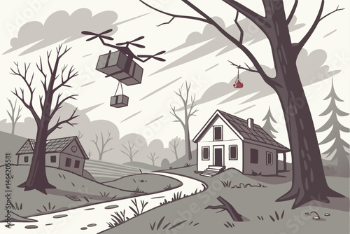 15 Dystopian suburban landscape, delivery drones carrying packages, ominous stormy sky, barren trees, abandoned houses, eerie atmosphere, muted colors, digital illustration style, post-apocalyptic sce
