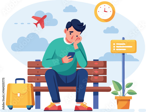 Man Waiting at Airport Cartoon Illustration: Traveler on Bench with Luggage, Phone, Flight Delay, Vector Graphic