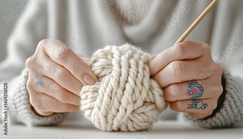 Close-up of hands knitting with off-white yarn
