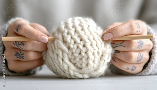 Close-up of hands knitting a chunky, off-white yarn ball with bamboo needles