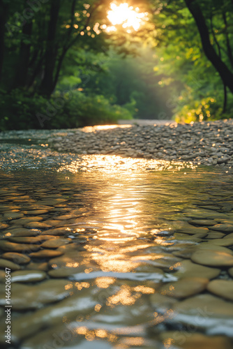 Obraz na płótnie Golden Dawn: A Serene Spring Water Emergence in Nature's Oasis Capturing Tranquility and Renewal w salonie