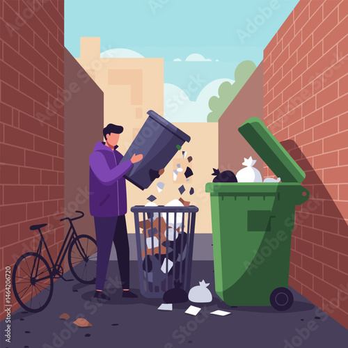 Person Emptying Trash Into Bin in Urban Alleyway Setting