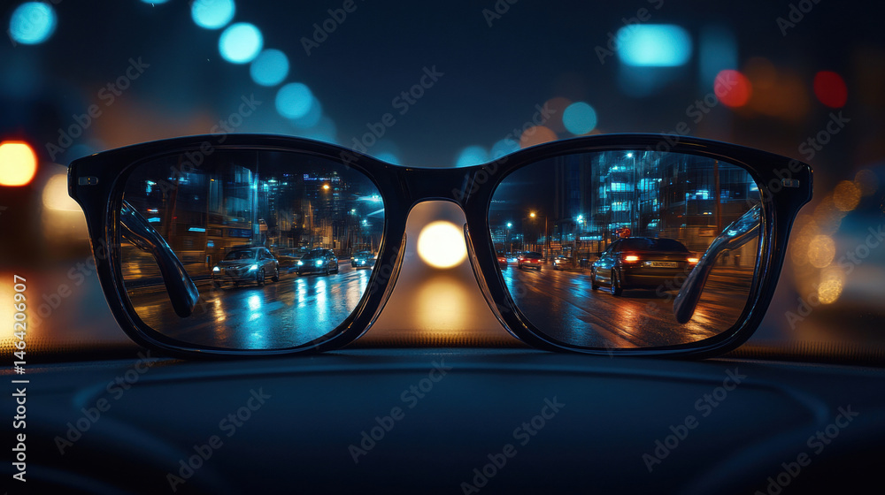 Focus Spectacles focusing on a cityscape. glasses on the road at night. Focus Spectacles focusing on a cityscape. glasses on the road at night.